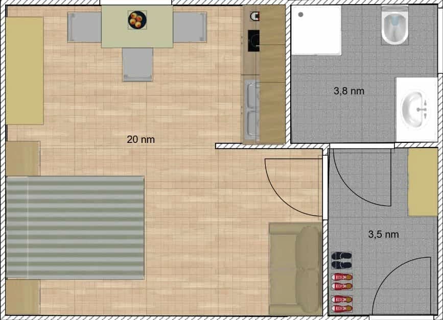 Haus Montis Studio apartment floor plan - 30m² layout with bedroom, kitchen, and bathroom in Haus im Ennstal